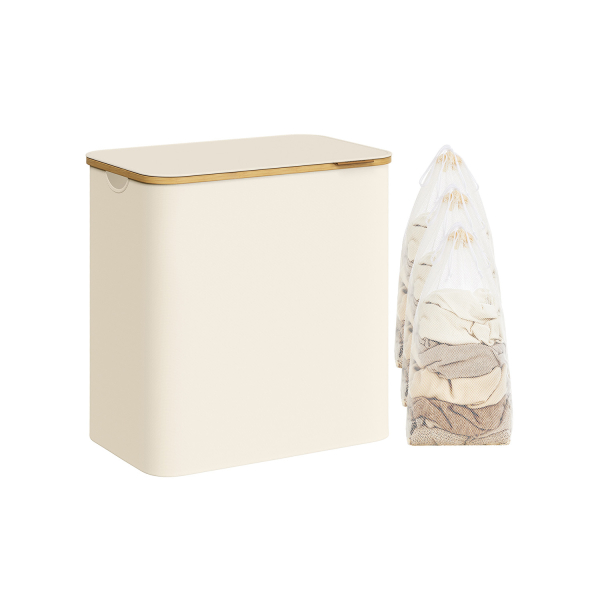 Cesto de roupa suja SONGMICS com tampa, cesto grande de 3 seções, 150 L (52,8 galões), forro de malha removível, alças de bambu, dobrável, 60,8 x 38,8 x 70,8 cm, branco-creme LCB515W01
