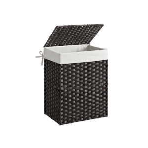 Cesto de roupa suja SONGMICS feito à mão, cesto de roupas de vime sintético de 90 L com tampa e alças, dobrável, com forro removível, preto LCB51BK
