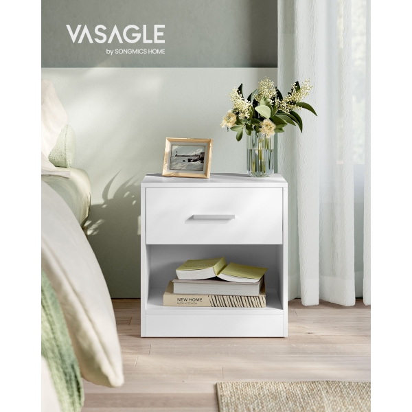 Mesa de cabeceira VASAGLE, mesa lateral com gaveta, puxador, compartimento aberto, mesa lateral, para quarto, sala de estar, branco clássico LET619T14 - Image 2