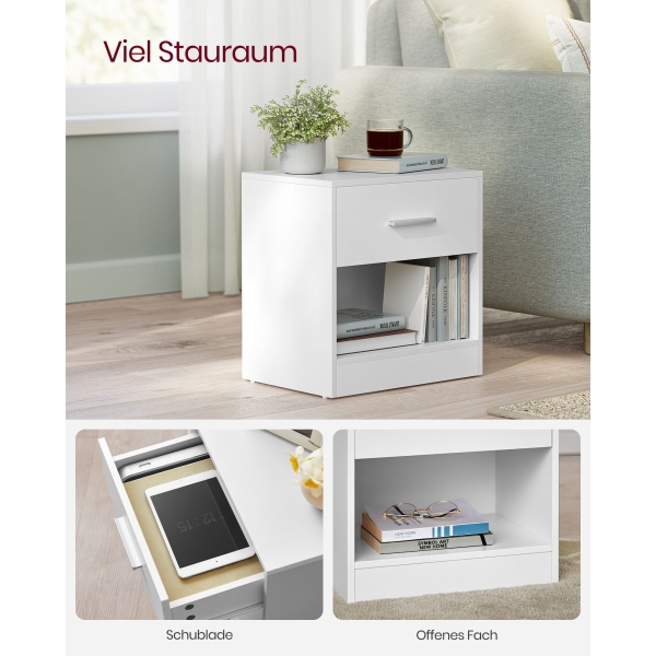 Mesa de cabeceira VASAGLE, mesa lateral com gaveta, puxador, compartimento aberto, mesa lateral, para quarto, sala de estar, branco clássico LET619T14 - Image 3