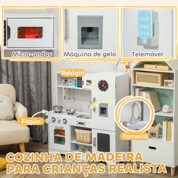 AIYAPLAY Cozinha de Madeira para Crianças com Fogão Lavatório Micro-Ondas Relógio Máquina de Gelo e Acessórios 100,5x41x110 cm Brancp - Image 4
