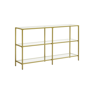 Mesa de Console VASAGLE, Mesa de Sofá com 3 Prateleiras, Prateleira de Vidro Temperado, 130 x 30 x 73,3 cm, Estrutura de Metal, Moderna, para Corredor, Sala de Estar, Quarto, Cor Dourada LGT024A01