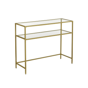 Mesa de Console VASAGLE, Mesa de Vidro Temperado, Sofá Moderno ou Mesa de Entrada, Estrutura de Metal, 2 Prateleiras, Pés Ajustáveis, para Sala de Estar, Corredor, Cor Dourada LGT025A01