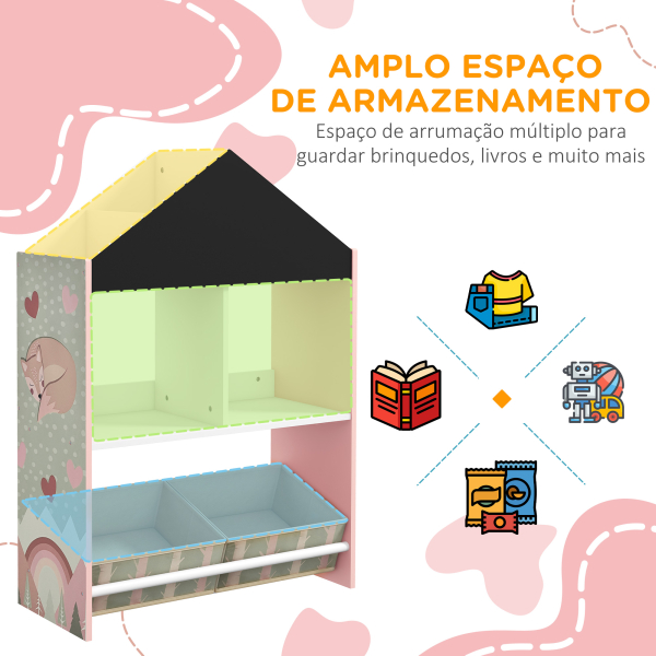 ZONEKIZ Estante para Brinquedos Organizador Infantil com Prateleiras Abertas e 2 Caixas de Tecido não Tecido Amovíveis 62,4x26,5x90 cm Rosa - Image 4