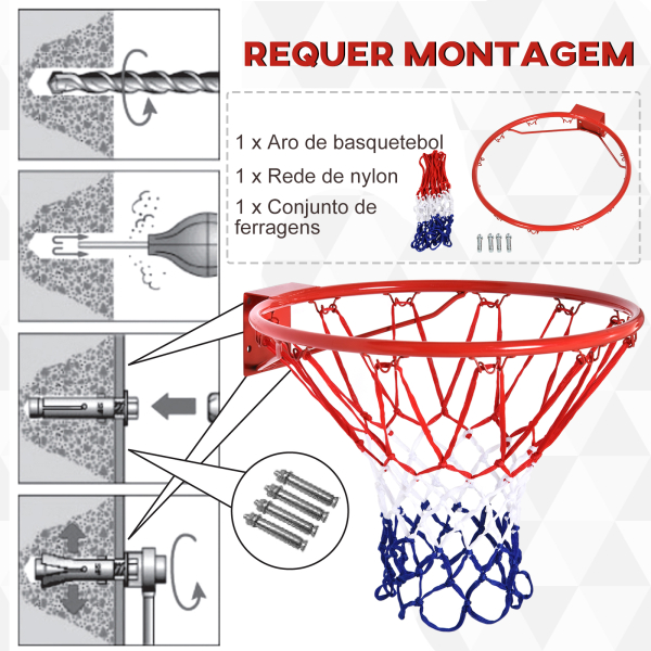 HOMCOM Cesta de Basquetebol de Parede Ø46 cm Aro de Basquetebol com Rede Estrutura Metálica 12 Ganchos para Interior e Exterior Vermelho - Image 4