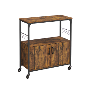Aparador VASAGLE, Ilha de Cozinha, Suporte para Padeiro com Rodas, Carrinho para Alimentos com Portas, 8 Ganchos, Prateleiras de Armazenamento, 80 x 35 x 80 cm, Armário de Cozinha Industrial, Marrom Rústico e Preto LSC093B01