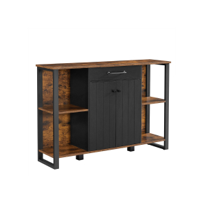 Aparador VASAGLE, organizador de armários de cozinha, armário de armazenamento com gaveta, prateleiras, porta, estrutura de aço, armário lateral para sala de estar, sala de jantar, corredor, marrom rústico e preto LSC103B01