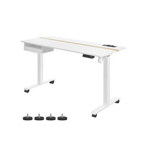 Mesa elétrica ajustável em altura VASAGLE com tomada e gaveta, 60 x 140 cm, superfície da mesa continuamente ajustável com função de memória e 4 alturas, branca LSD114W01