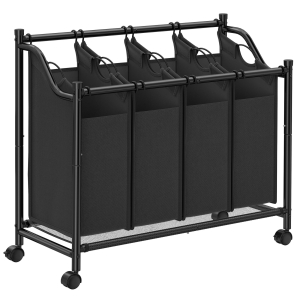 Separador de roupas com rodinhas SONGMICS, Cesto de roupas com 4 sacos removíveis, Cesto de roupas, Carrinho de roupas, para lavanderia, quarto, banheiro, 4 x 35L, Preto LSF005