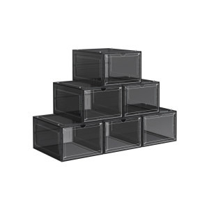 Caixas de sapatos SONGMICS, organizadores de plástico para sapatos com portas transparentes, conjunto de 6, empilháveis, fácil montagem, 27 x 34,5 x 19 cm, tamanho até 10 do Reino Unido, preto LSP032B06