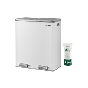 SONGMICS Lixeira Dupla, 2 Lixeiras de Cozinha com Compartimento Duplo de 30 L e 15 Sacos de Lixo, Lixeira de Pedal de Metal com Baldes e Tampas Internos de Plástico, Fechamento Suave, Selo de Odor, Branco e Prata LTB60WT