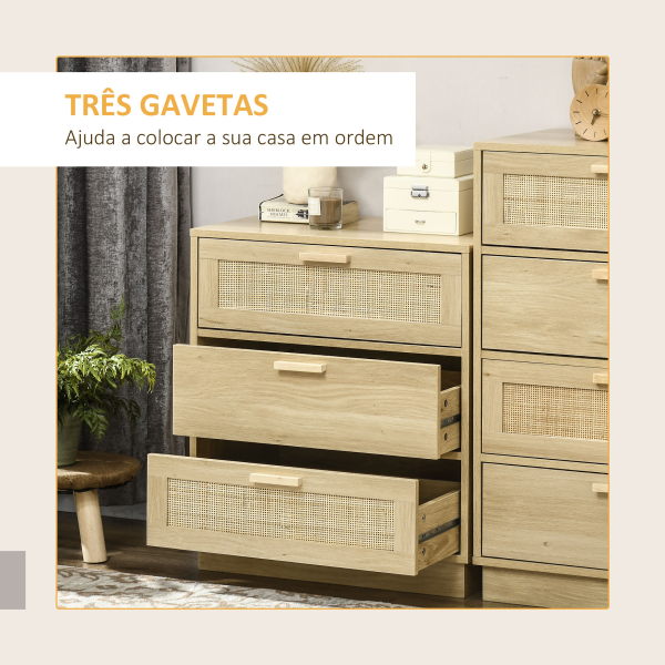 HOMCOM Cómoda com 3 Gavetas de Vime Cómoda de Madeira para Dormitório Sala de Estar Estilo Boêmio 60x38x69 cm Madeira - Image 4