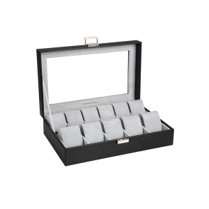 Caixa de relógio SONGMICS, estojo para relógio, caixa de armazenamento com compartimentos grandes, capa de PU, forro de veludo, janela de vidro, ótima opção para presente, preta JWB14BK