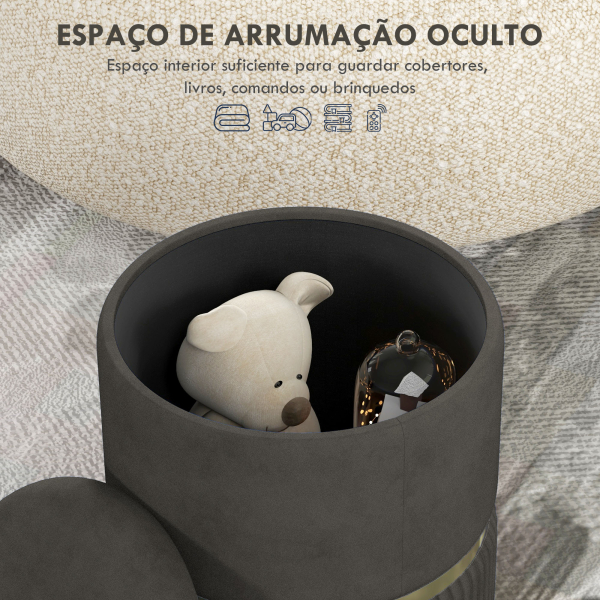HOMCOM Banco de Armazenamento para Dormitório Puff de Arrumação Estofado em Veludo com Pés Antiderrapantes Ø36x44 cm Cinza - Image 4
