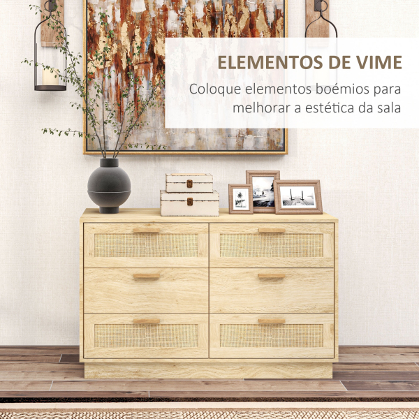 HOMCOM Cómoda para Quarto Cómoda de Madeira com 6 Gavetas de Vime Estilo Boêmio para Corredor Escritório 110x40x69 cm Carvalho - Image 4