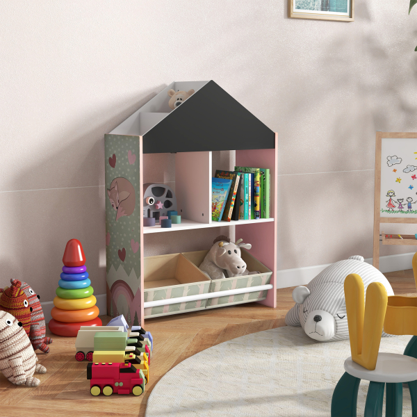 ZONEKIZ Estante para Brinquedos Organizador Infantil com Prateleiras Abertas e 2 Caixas de Tecido não Tecido Amovíveis 62,4x26,5x90 cm Rosa - Image 2