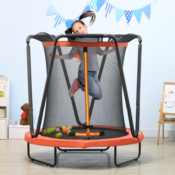 ZONEKIZ Trampolim Infantil Ø140x155 cm Trampolim para Crianças de 3-10 Anos com Cesta de Basquetebol e 20 Bolas de Plástico Vermelho - Image 2