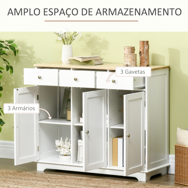 HOMCOM Aparador de Cozinha com 3 Gavetas 3 Portas e Prateleiras Ajustáveis Móvel Auxiliar de Armazenamento 101x40x85cm Branco - Image 4