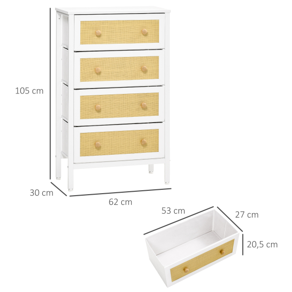 HOMCOM Cómoda Estilo Bohemio com 4 Gavetas de Tecido Dobráveis Superfície de Vime PE e Estrutura de Aço 62x30x105 cm Branco - Image 3