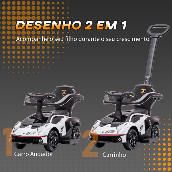 AIYAPLAY 2 em 1 Carro Andador para Crianças 12-36 Meses Lamborghini Essenza SCV2 Carro Andador com Buzina Guiador e Grade de Segurança Removível 86,5x40x89,5cm Branco e Preto - Image 4