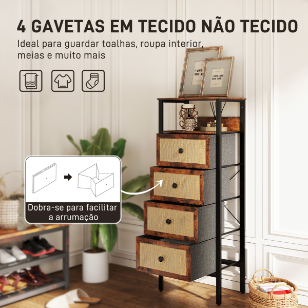 HOMCOM Cómoda de Tecido Cómoda para Dormitório com 4 Gavetas com Frente em Vime Prateleira 50x30x126 cm Marrom Rústico - Image 4