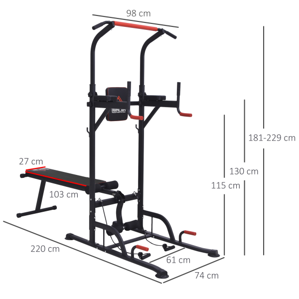 HOMCOM Estação de Musculação Multifuncional Torre de Treinamento com Altura Ajustável com Banco Dobrável Barra de Elevação para Fitness 220x98x181-229cm Preto - Image 3