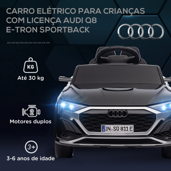 AIYAPLAY Carro Elétrico para Crianças Carro Audi Q8 Etron Sportback Infantil 12V Faróis Buzina e Música 98x49,5x43 cm Preto - Image 4