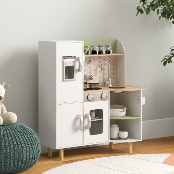 AIYAPLAY Cozinha de Madeira para Crianças com Máquina de Gelo Lavatório de Aço Inoxidável e Utensílios 84x34x89 cm Branco - Image 2