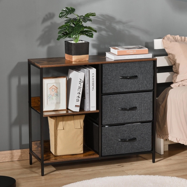 HOMCOM Cómoda de Estilo Industrial com Cestos de Tela Dobráveis e 2 Prateleiras para Dormitório Sala de Estar Corredor 80x29x71cm Marrom Rústico e Cinza Escuro - Image 2