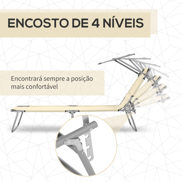Outsunny Espreguiçadeira de Jardim Dobrável com Toldo Removível e Ajustável  e Encosto Ajustável 187x58x36 cm Bege - Image 4