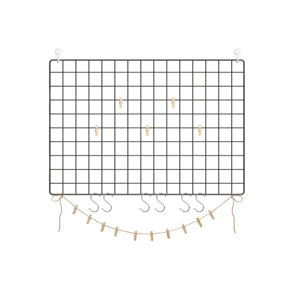Painéis de grade SONGMICS, conjunto de 2, display de parede para fotos, decoração de parede em malha metálica, parede multifuncional para pendurar quadros, faça você mesmo, exibição de arte, gancho em S, clipes, cordão de cânhamo, preto LPP02H