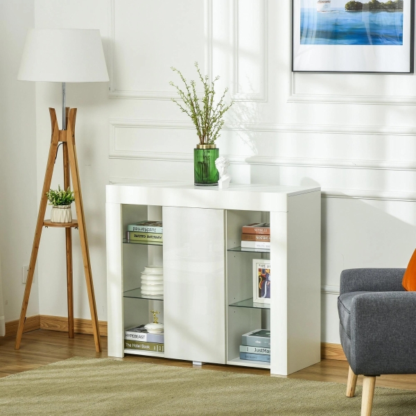HOMCOM Aparador Moderno com Luzes LED Móvel Buffet com 1 Porta com Fechamento a Pressão e Prateleiras Ajustáveis Controle Remoto 97x35x83cm Branco - Image 4