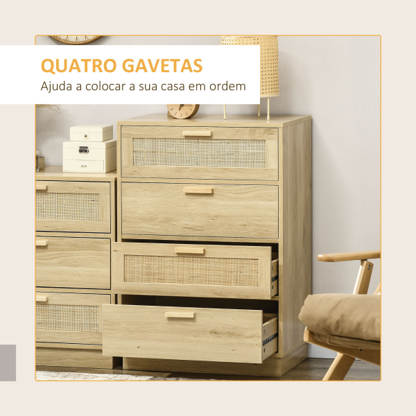 HOMCOM Cómoda com 4 Gavetas de Vime Cómoda de Madeira para Dormitório Sala de Estar Estilo Boêmio 60x38x88,5 cm Madeira - Image 4
