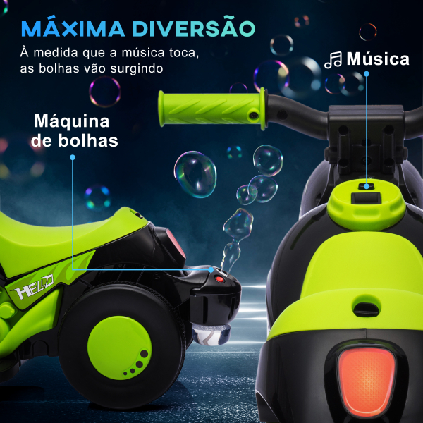 AIYAPLAY Mota Elétrica para Crianças Mota a Bateria 6V com Função de Bolhas Farol Música Motocicleta para Crianças com Velocidade 3km/h Carga 30 kg Verde - Image 4