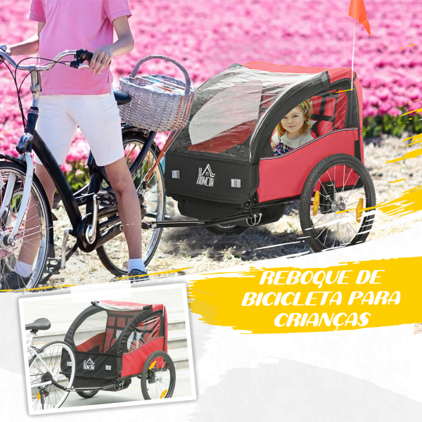 HOMCOM Reboque de Bicicleta para Crianças acima de 18 Meses Reboque de Bicicleta com 2 Lugares com Cinto de Segurança Espaço de Armazenamento e Sistema de Amortecimento 140x88x90 cm Vermelho - Image 4