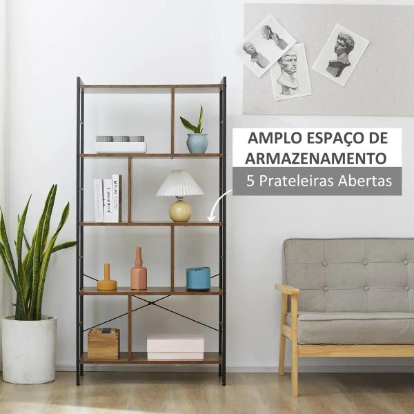 HOMCOM Estante para Livros de 4 Níveis com 8 Compartimentos de Armazenamento Estilo Industrial para Sala de Estar Escritório Dormitório 74x30x157,5cm Marrom Rústico - Image 4