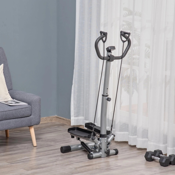HOMCOM Máquina de Step Fitness com Guiador Ajustável em Altura Tela LCD Bandas Elásticas Pedais Antiderrapantes Equipamento de Exercício para Academia em Casa 55x53x118-128cm Prata - Image 2