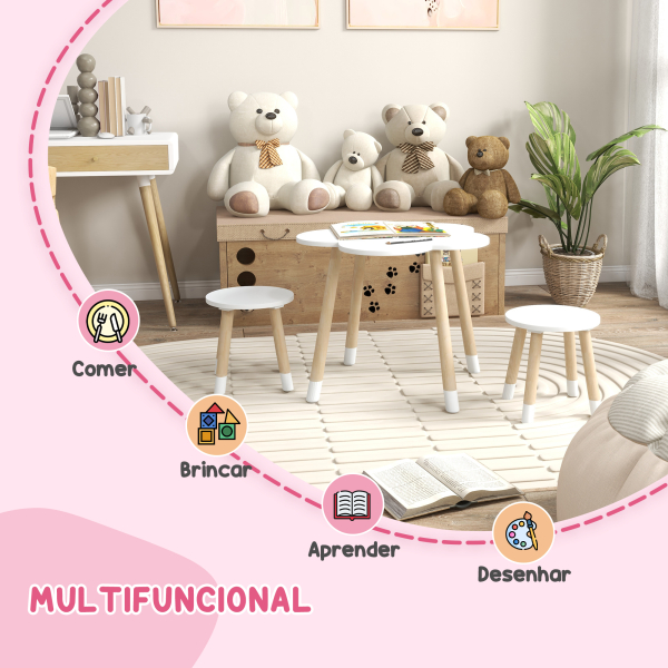 ZONEKIZ Conjunto de Mesa e 2 Cadeira para Crianças de 2-5 Anos Mesa com Forma de Flor Ø59x50 cm e Cadeiras Ø28x26 cm Branco - Image 4