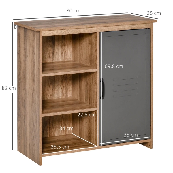 HOMCOM Aparador com Porta de Metal Móvel Auxiliar com 3 Prateleiras Abertas e Armário com Porta e Prateleira Ajustável 80x35x82cm Madeira Natural - Image 3