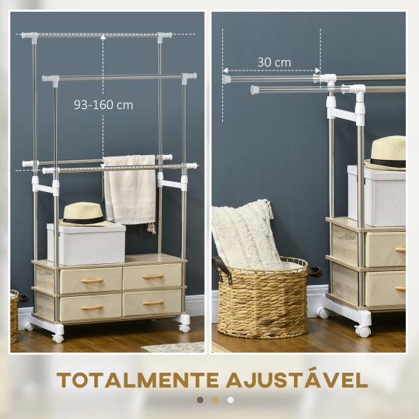 HOMCOM Charriot de Roupa com Rodas Altura Ajustável Barras Extensíveis e 4 Gavetas de Tecido  88-148x42x93-160 cm Bege - Image 4