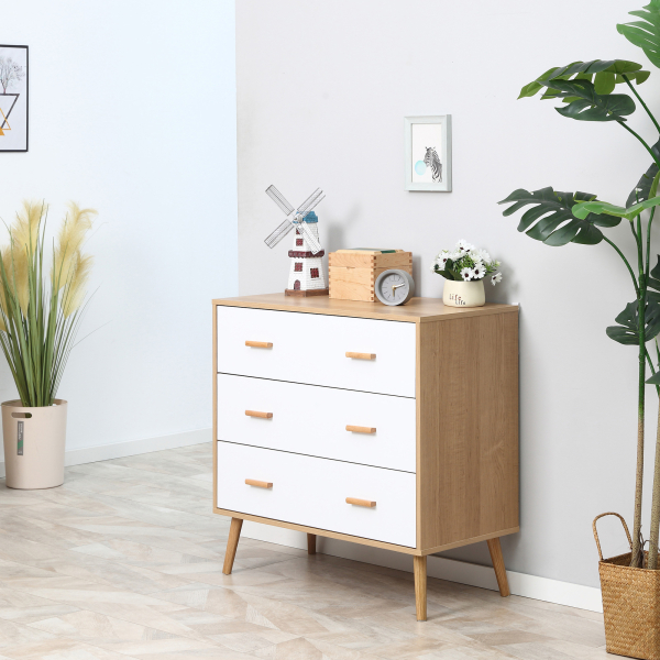 HOMCOM Cómoda de Madeira com 3 Gavetas Armário Auxiliar de Armazenamento Moderna com Pés Elevados para Dormitório Sala de Estar 80x39x80cm Branco e Madeira Natural - Image 2