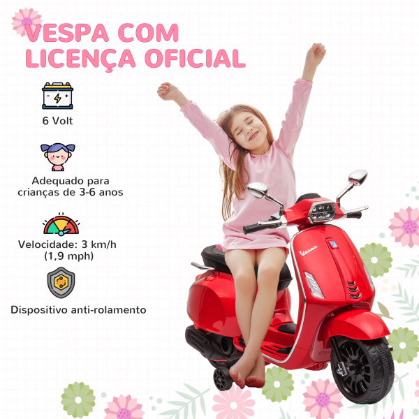 AIYAPLAY Moto Elétrica para Crianças de 3-6 Anos com Licença Vespa com USB MP3 Luz LED Rádio FM Velocidade 3 km/h Vermelho - Image 4