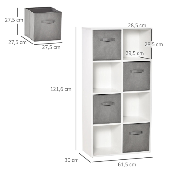 HOMCOM Estante para Livros de 8 Cubos Estante Modular com 4 Cestos Removíveis de TNT para Escritório Estúdio Dormitório 61,5x30x121,6cm Branco e Cinza - Image 3