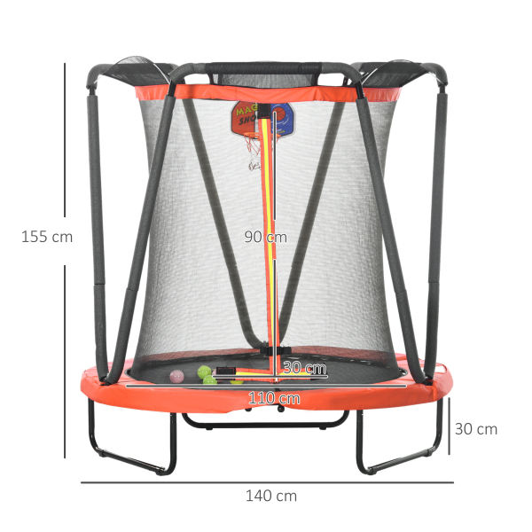 ZONEKIZ Trampolim Infantil Ø140x155 cm Trampolim para Crianças de 3-10 Anos com Cesta de Basquetebol e 20 Bolas de Plástico Vermelho - Image 3