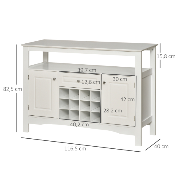 HOMCOM Aparador de Cozinha com 1 Gaveta 1 Prateleira Aberta 2 Portas e Suporte para 12 Garrafas 116,5x40x82,5 cm Branco - Image 3