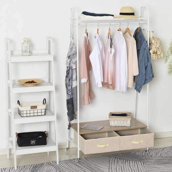 HOMCOM Suporte para Cabides de Metálico Cabideiro com Rodas Prateleira e 2 Gavetas para Organizar Roupas Bolsos 99x47x185cm Branco - Image 2