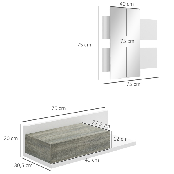 HOMCOM Conjunto de Móveis de Entrada com Espelho e Gaveta Móvel de Entrada Suspenso Estilo Moderno 75x3,5x75 cm e 75x30,5x20 cm Branco e Cinza - Image 3