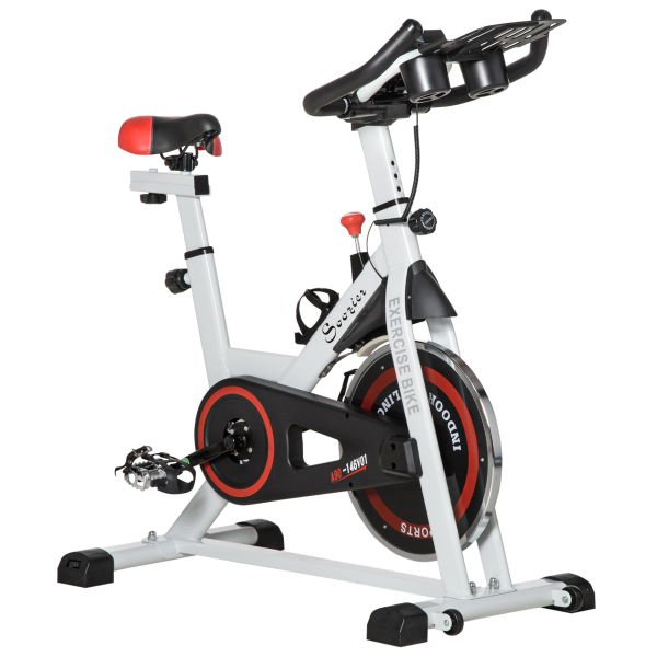HOMCOM Bicicleta estática com tela LCD Sela ajustável Volante 8 kg Carga 100 kg 103x53x110-114 cm Branco