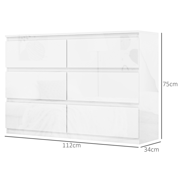 HOMCOM Cómoda com 6 Gavetas de Madeira Cómoda de Dormitório Cómoda Branca Estilo Moderno 112x34x75 cm Branco Brilhante - Image 3