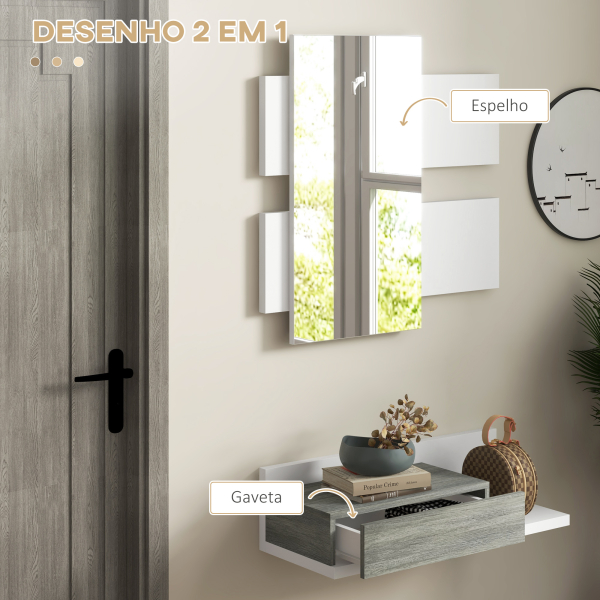 HOMCOM Conjunto de Móveis de Entrada com Espelho e Gaveta Móvel de Entrada Suspenso Estilo Moderno 75x3,5x75 cm e 75x30,5x20 cm Branco e Cinza - Image 4